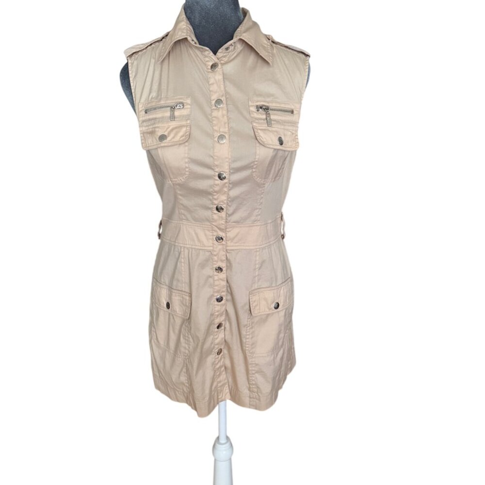 Marciano Beige Sleeveless Button-Up Utility Dress With Pockets Size S